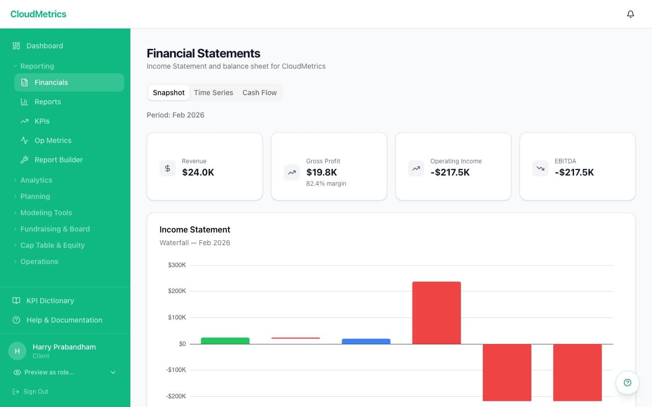 Financial statements — income statement with waterfall chart visualization